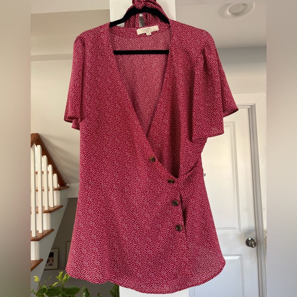 LOFT Red & White Wrap Blouse - Size 16